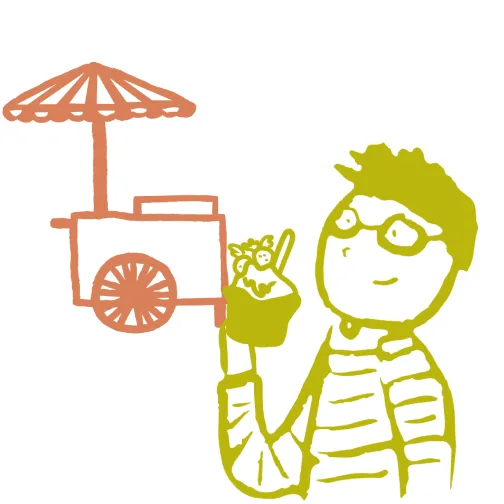 Illustration of Dan's Froyo character holding a froyo cup next to a cart
