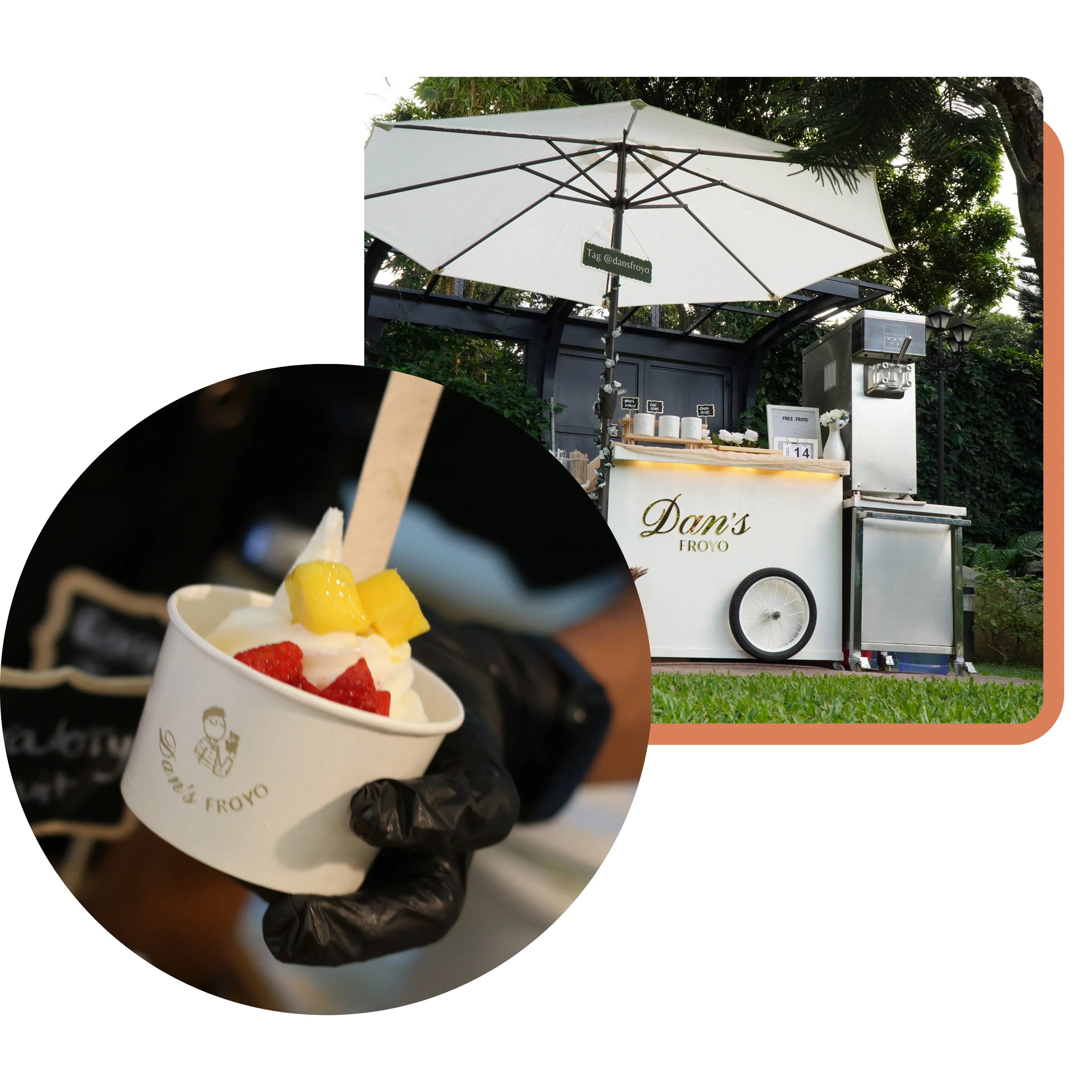 Dan's Froyo cart setup at an outdoor event with a froyo cup topped with mango and strawberry